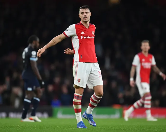 Framed Print : Granit Xhaka in Action: Arsenal vs. West Ham United, Premier League 2021-22