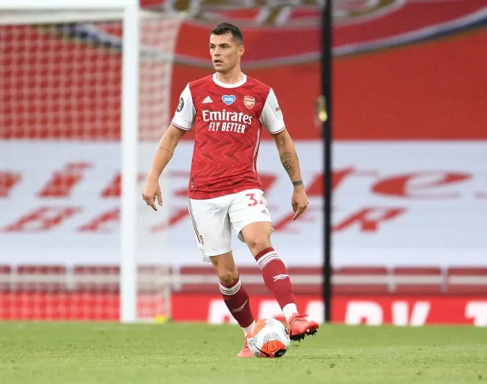 Framed Print : Granit Xhaka: In Action for Arsenal Against Watford, Premier League 2019-2020 Framed Print : Granit Xhaka: In Action for Arsenal Against Watford, Premier League 2019-2020