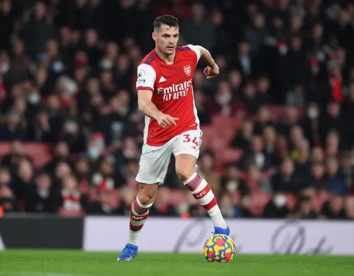 Framed Print : Granit Xhaka: In Action for Arsenal Against West Ham United, Premier League 2021-22