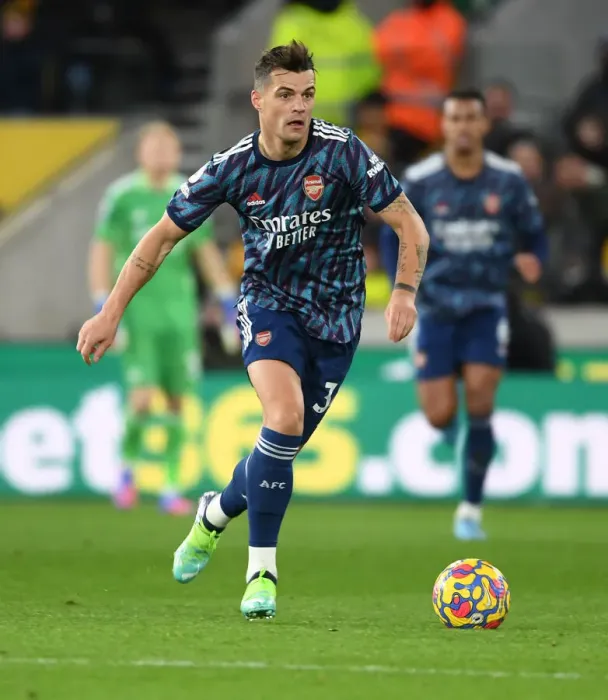Framed Print : Granit Xhaka: In Action for Arsenal Against Wolverhampton Wanderers, Premier League 2021-22