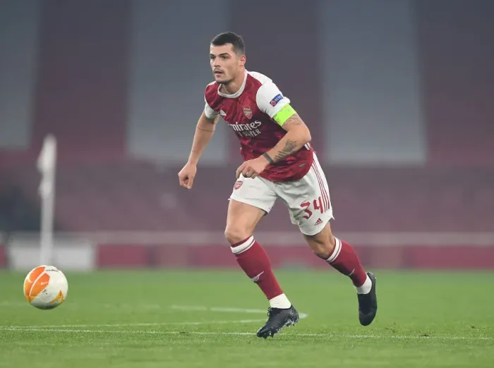 Framed Print : Granit Xhaka in Action: Arsenal's Europa League Battle against Molde FK