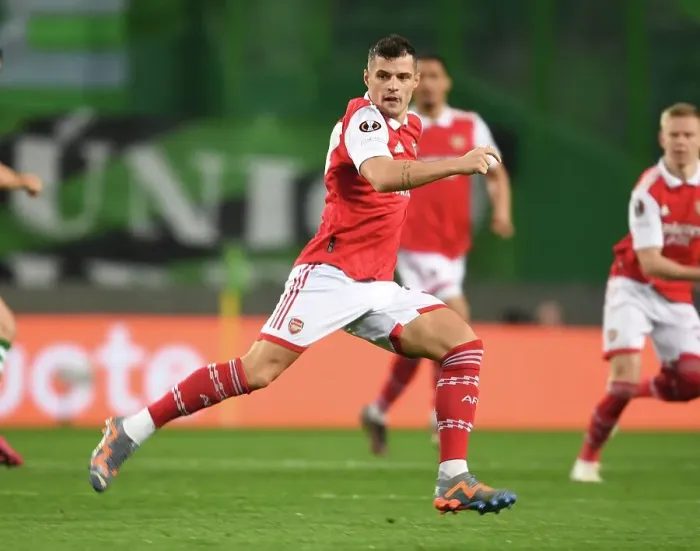 Framed Print : Granit Xhaka in Action: Arsenal's Europa League Battle against Sporting Lisbon, Portugal, 2023