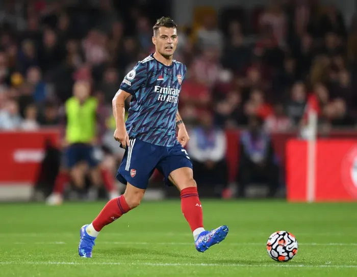 Framed Print : Granit Xhaka: In Action Against Brentford in 2021-22 Premier League