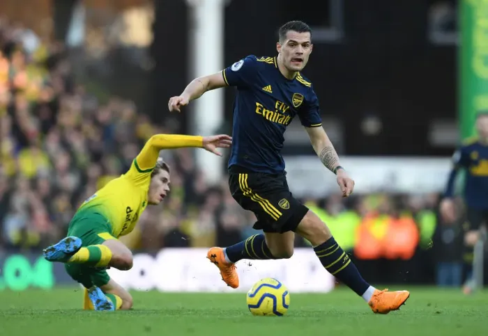 Framed Print : Granit Xhaka in Action: Norwich City vs Arsenal FC, Premier League 2019-20