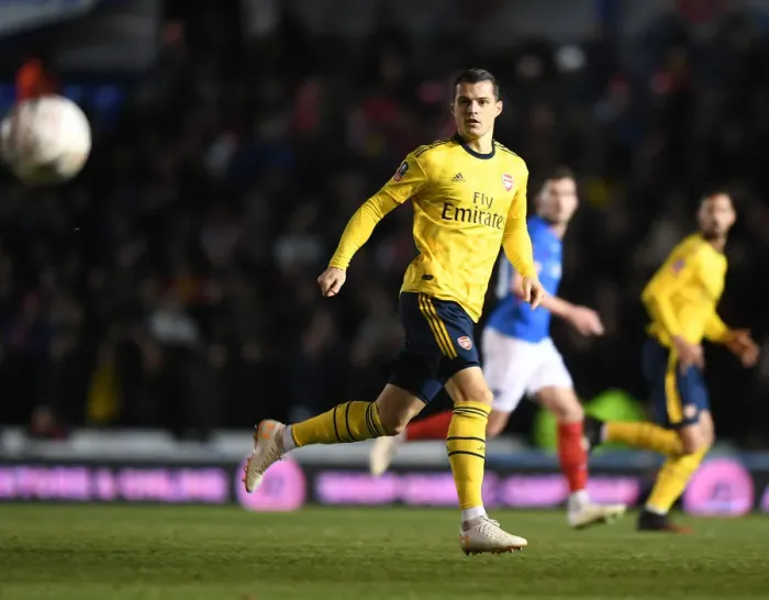 Framed Print : Granit Xhaka in Action: Portsmouth vs. Arsenal, FA Cup Fifth Round, 2020