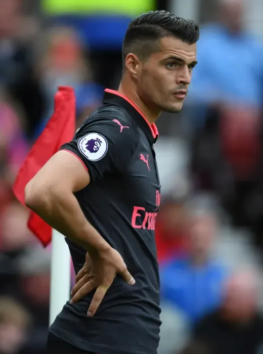 Framed Print : Granit Xhaka in Action: Stoke City vs. Arsenal, Premier League 2017-18
