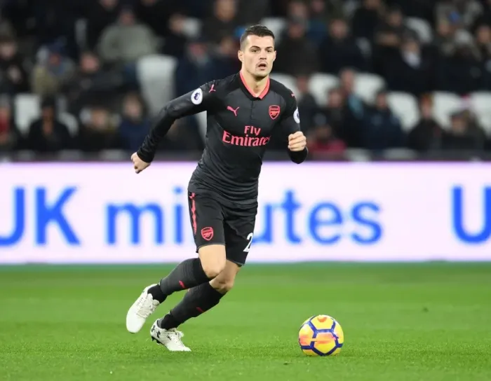 Framed Print : Granit Xhaka in Action: West Ham United vs. Arsenal, Premier League 2017-18