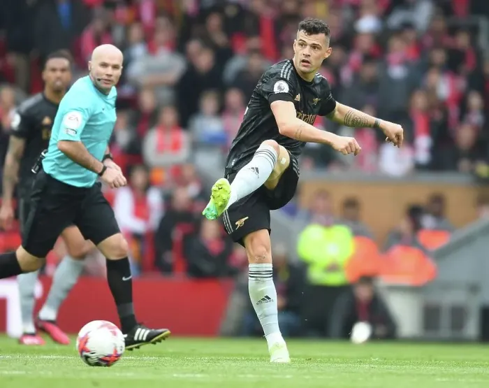 Framed Print : Granit Xhaka of Arsenal Faces Off Against Liverpool FC in the Premier League