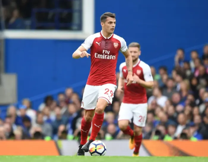 Framed Print : Granit Xhaka: Arsenal Midfielder in Action against Chelsea, Premier League 2017-18