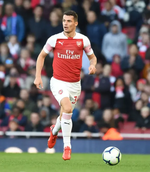 Framed Print : Granit Xhaka: Arsenal Midfielder in Action against Everton, Premier League 2018-19