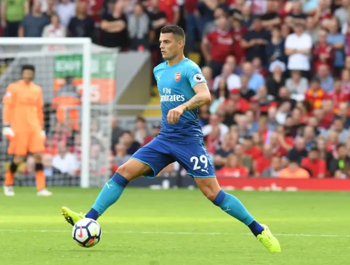 Framed Print : Granit Xhaka: Arsenal Midfielder in Action Against Liverpool (2017-18)