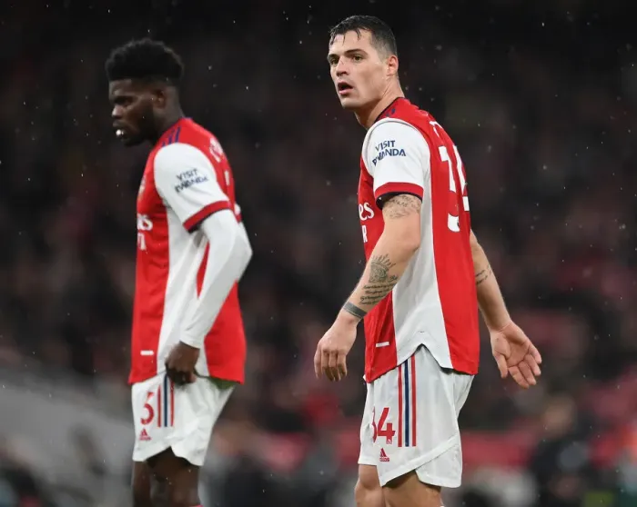 Framed Print : Granit Xhaka: Arsenal Midfielder in Action against Southampton, Premier League 2021-22
