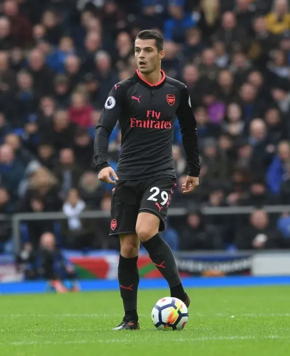 Framed Print : Granit Xhaka: Arsenal Midfielder in Action vs. Everton, Premier League 2017-18 Framed Print : Granit Xhaka: Arsenal Midfielder in Action vs. Everton, Premier League 2017-18