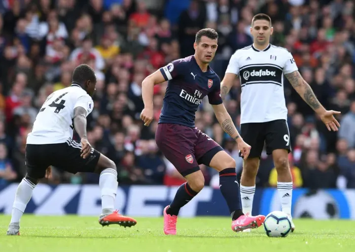 Framed Print : Granit Xhaka: Arsenal Midfielder in Action vs. Fulham, Premier League 2018-19