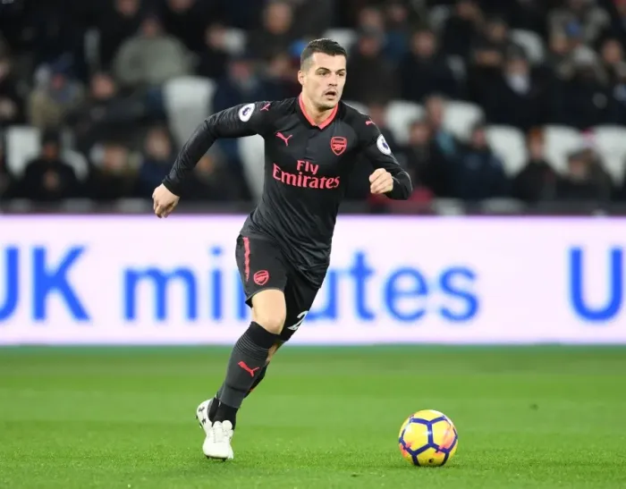 Framed Print : Granit Xhaka: Arsenal Midfielder in Action Against West Ham United, Premier League 2017-18