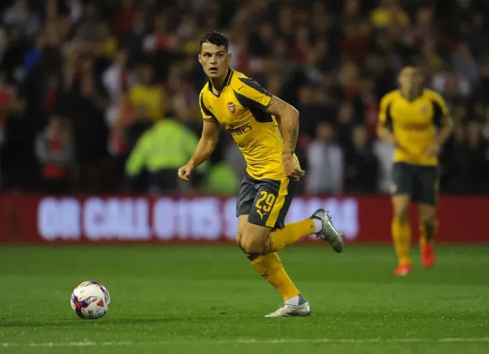 Framed Print : Granit Xhaka (Arsenal). Nottingham Forest 0: 4 Arsenal. EPL League Cup. 3rd Round