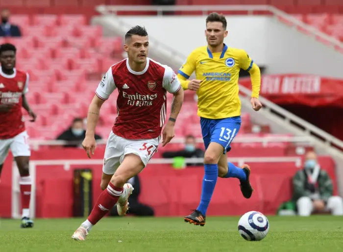Framed Print : Granit Xhaka: Arsenal vs Brighton & Hove Albion (2020-21) - In Action Framed Print : Granit Xhaka: Arsenal vs Brighton & Hove Albion (2020-21) - In Action
