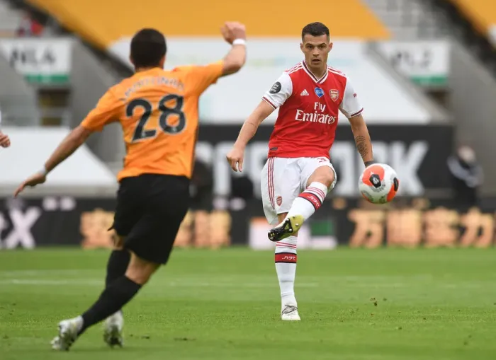 Framed Print : Granit Xhaka: Arsenal vs. Wolverhampton Wanderers, Premier League 2019-2020