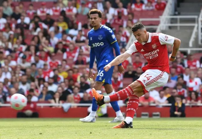 Framed Print : Granit Xhaka: Arsenal's Midfield Maestro in Action against Everton, Premier League 2021-22