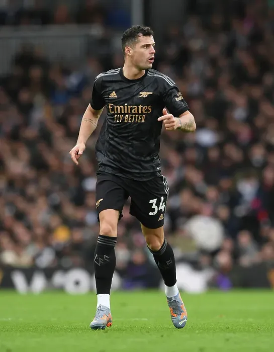Framed Print : Granit Xhaka: Arsenal's Midfield Maestro in Action against Fulham, Premier League 2022-23