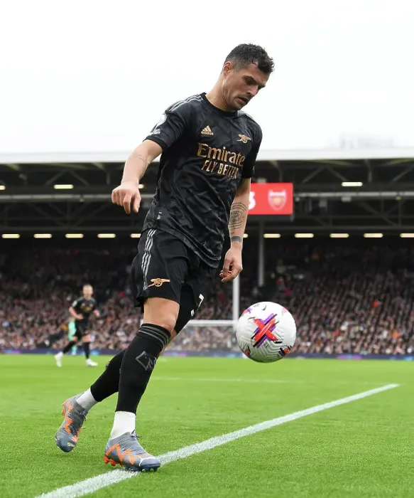 Framed Print : Granit Xhaka: Arsenal's Midfield Maestro in Action against Fulham, Premier League 2022-23 Framed Print : Granit Xhaka: Arsenal's Midfield Maestro in Action against Fulham, Premier League 2022-23