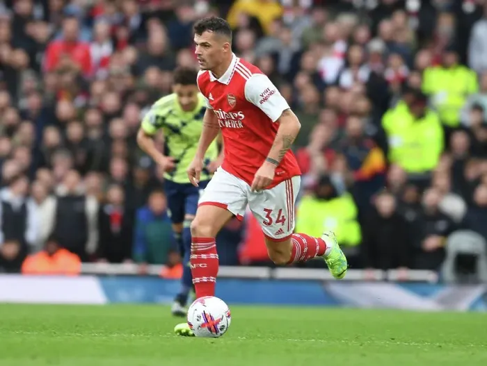 Framed Print : Granit Xhaka: Arsenal's Midfield Maestro in Action against Leeds United, Premier League 2022-23