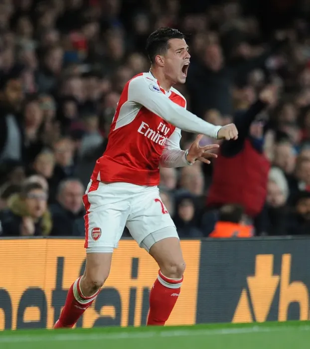 Framed Print : Granit Xhaka: Arsenal's Midfield Maestro in Action Against Leicester City, Premier League 2016-17 Framed Print : Granit Xhaka: Arsenal's Midfield Maestro in Action Against Leicester City, Premier League 2016-17