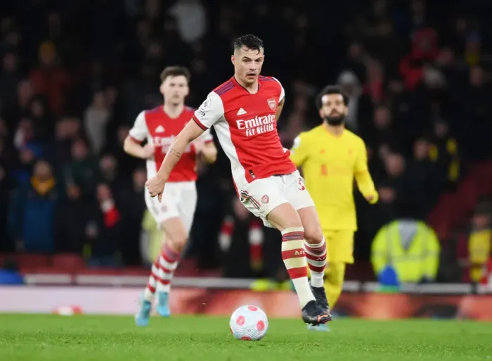 Framed Print : Granit Xhaka: Arsenal's Midfield Maestro in Action Against Liverpool, Premier League 2021-22