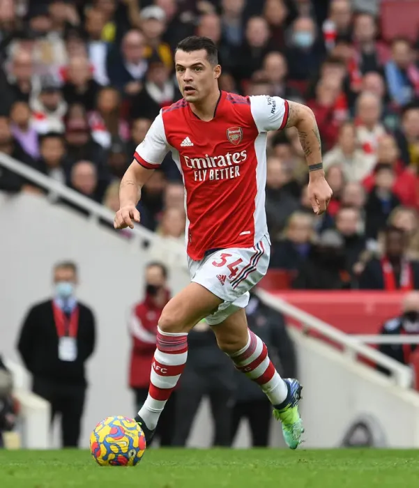 Framed Print : Granit Xhaka: Arsenal's Midfield Maestro in Action Against Manchester City, Premier League 2021-22