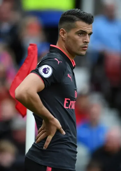 Framed Print : Granit Xhaka: Arsenal's Midfield Maestro in Action against Stoke City, Premier League 2017-18