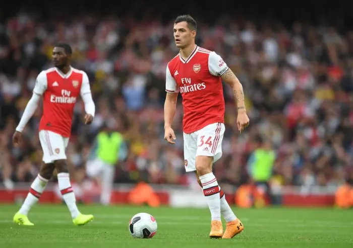Framed Print : Granit Xhaka: Arsenal's Midfield Maestro in Action vs. Aston Villa (Premier League 2019-20) Framed Print : Granit Xhaka: Arsenal's Midfield Maestro in Action vs. Aston Villa (Premier League 2019-20)