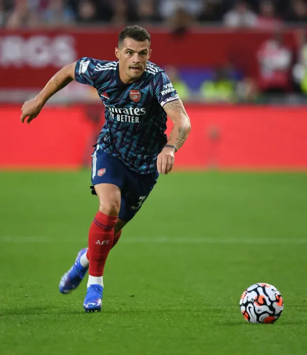 Framed Print : Granit Xhaka: Arsenal's Midfield Maestro Dazzles in Arsenal's Win Against Brentford (2021-22 Premier League)