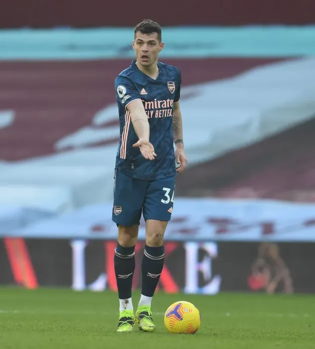 Framed Print : Granit Xhaka: Arsenal's Midfield Maestro Shines in Empty Villa Park during Premier League 2020-21 Match vs. Aston Villa