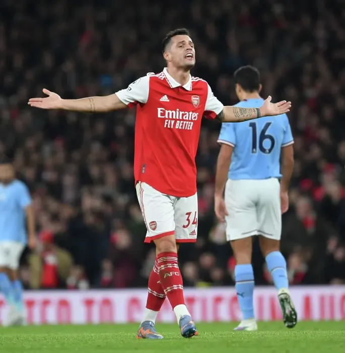 Framed Print : Granit Xhaka: Arsenal's Midfield Mastermind in Action Against Manchester City, Premier League 2022-23
