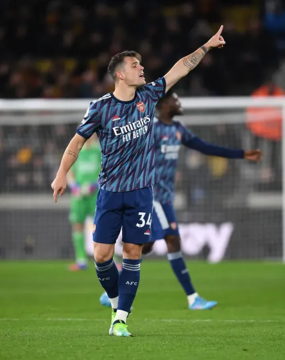 Framed Print : Granit Xhaka: Arsenal's Midfield Mastermind in Action against Wolverhampton Wanderers, Premier League 2021-22