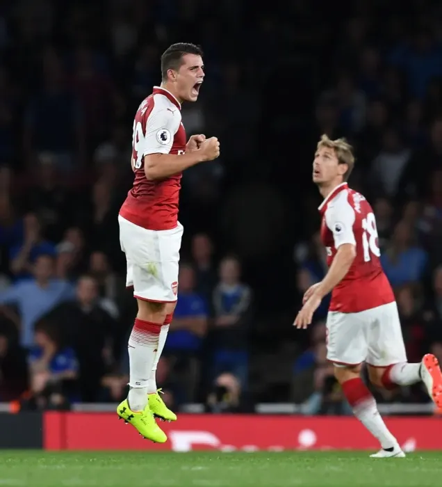 Framed Print : Granit Xhaka: Arsenal's Triumphant Moment after Defeating Leicester City, 2017-18 Premier League