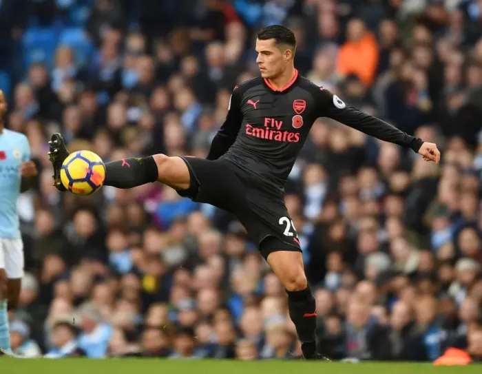 Framed Print : Granit Xhaka: Battling Midfield Duel Against Manchester City, Premier League 2017-18 Framed Print : Granit Xhaka: Battling Midfield Duel Against Manchester City, Premier League 2017-18