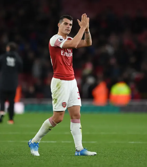 Framed Print : Granit Xhaka Celebrates with Arsenal Fans after Arsenal vs. Wolverhampton Wanderers, Premier League 2018-19