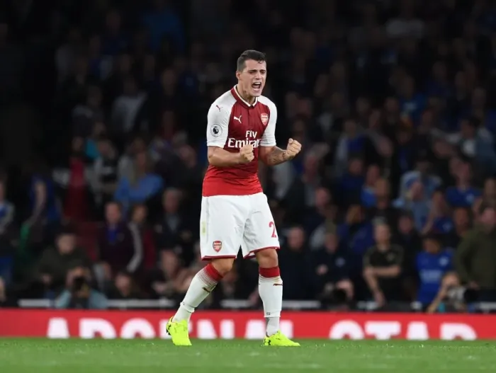 Framed Print : Granit Xhaka Celebrates Arsenal's Victory Over Leicester City, 2017-18 Premier League