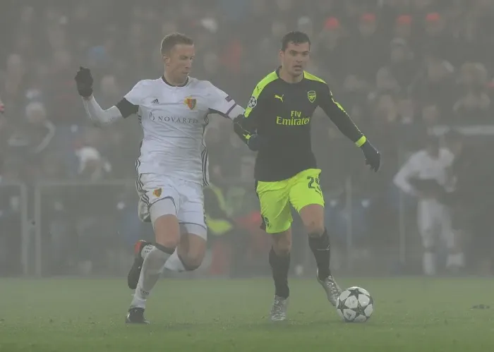 Framed Print : Granit Xhaka Clashes with Marc Janko: FC Basel vs. Arsenal, UEFA Champions League, 2016