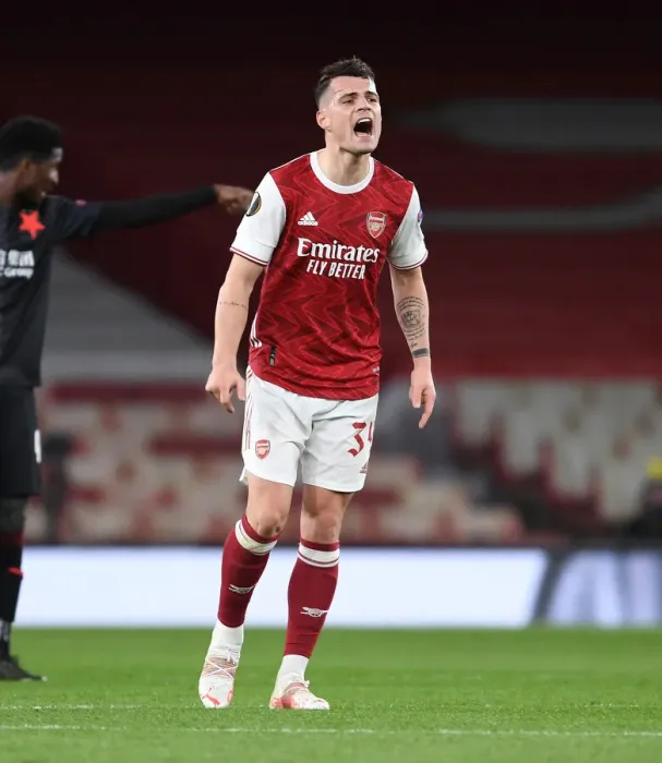 Framed Print : Granit Xhaka at Empty Emirates: Arsenal vs Slavia Praha in UEFA Europa League Quarterfinal Framed Print : Granit Xhaka at Empty Emirates: Arsenal vs Slavia Praha in UEFA Europa League Quarterfinal