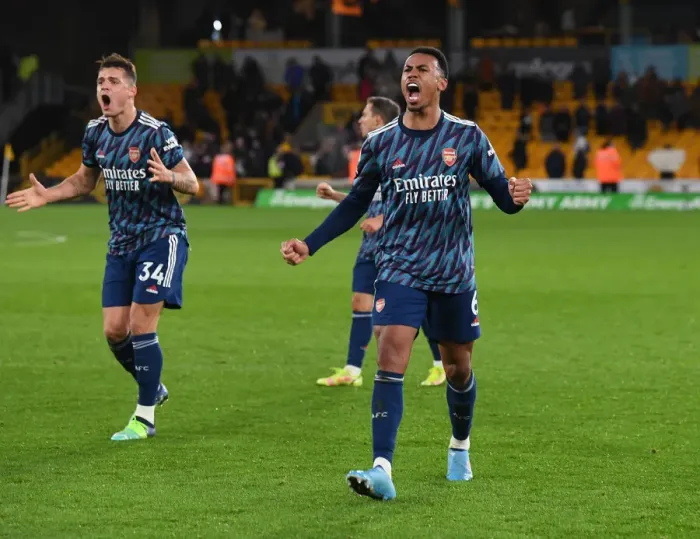 Framed Print : Granit Xhaka and Gabriel's Celebration: Arsenal's Win at Wolverhampton Wanderers in the Premier League Framed Print : Granit Xhaka and Gabriel's Celebration: Arsenal's Win at Wolverhampton Wanderers in the Premier League