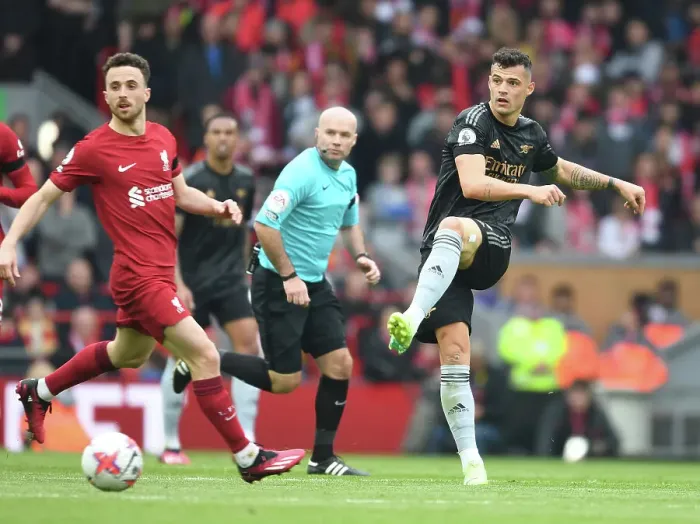 Framed Print : Granit Xhaka: Midfield Warrior in the Liverpool vs. Arsenal Battle, Premier League 2022-23