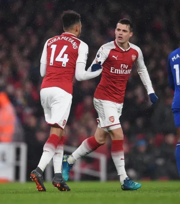 Framed Print : Granit Xhaka and Pierre-Emerick Aubameyang (Arsenal). Arsenal 5: 1 Everton. Premier League