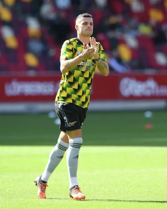 Framed Print : Granit Xhaka Rallies Arsenal Fans Before Brentford Clash, 2022-23 Premier League Framed Print : Granit Xhaka Rallies Arsenal Fans Before Brentford Clash, 2022-23 Premier League