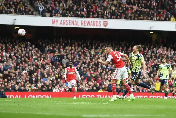 Framed Print : Granit Xhaka Scores Arsenal's Fourth Goal: Arsenal FC vs Leeds United, Premier League 2022-23