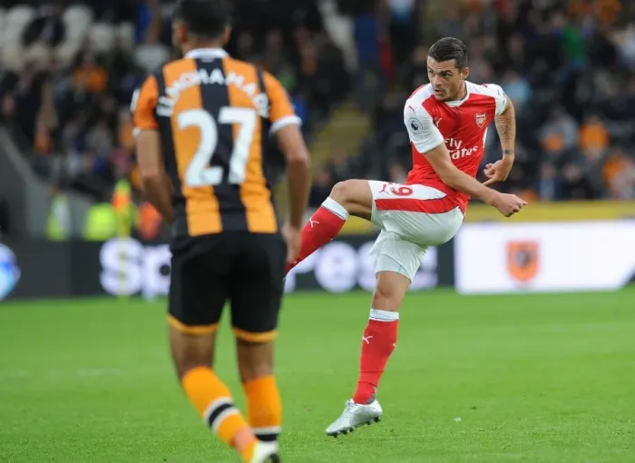 Framed Print : Granit Xhaka Scores Arsenal's Game-Winning Goal vs Hull City, Premier League 2016-17