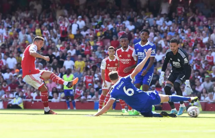 Framed Print : Granit Xhaka Scores Arsenal's Third Goal Against Leicester City (2022-23)