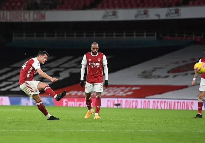Framed Print : Granit Xhaka Scores the Second: Arsenal vs. Chelsea, 2020-21 Premier League (Behind Closed Doors)