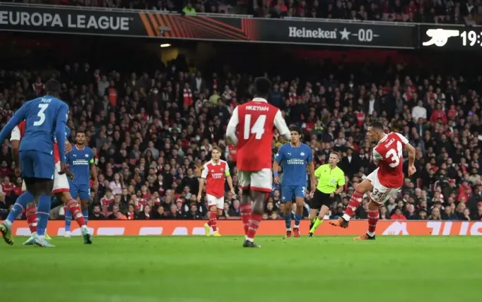 Framed Print : Granit Xhaka Scores the Winner: Arsenal FC vs. PSV Eindhoven, UEFA Europa League 2022-23